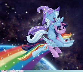 Wizard Riding a Unicorn on a Rainbow in Space