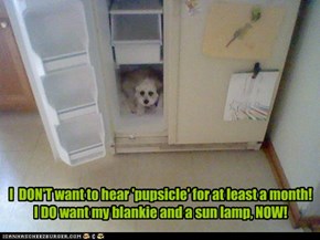 I  DON'T want to hear 'pupsicle' for at least a month! I DO want my blankie and a sun lamp, NOW!