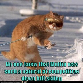 No one knew that Muffin was such a natural at competitive down hill skiing