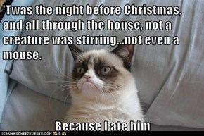'Twas the night before Christmas, and all through the house, not a creature was stirring...not even a mouse.  Because I ate him