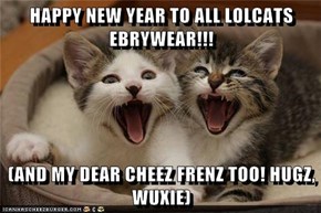 HAPPY NEW YEAR TO ALL LOLCATS EBRYWEAR!!!  (AND MY DEAR CHEEZ FRENZ TOO! HUGZ, WUXIE)