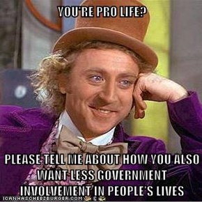 YOU'RE PRO LIFE?  PLEASE TELL ME ABOUT HOW YOU ALSO WANT LESS GOVERNMENT INVOLVEMENT IN PEOPLE'S LIVES
