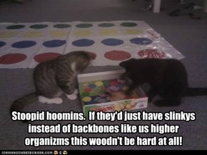 Stoopid hoomins.  If they'd just have slinkys instead of backbones like us higher organizms this woodn't be hard at all!