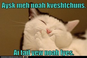Aysk meh noah kveshtchuns.  Ai tail yew noah lyes.