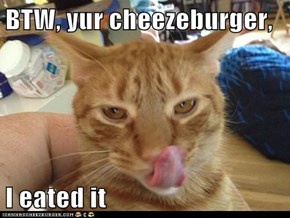 BTW, yur cheezeburger,   I eated it