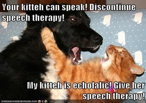 Your kitteh can speak! Discontinue speech therapy!  My kitteh is echolalic! Give her speech therapy!