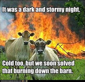 It was a dark and stormy night.        Cold too, but we soon solved that burning down the barn.