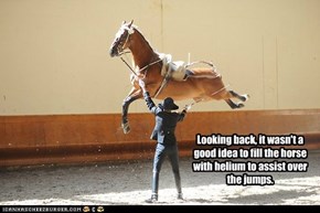 Looking back, it wasn't a good idea to fill the horse with helium to assist over the jumps.