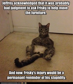 Jeffrey acknowledged that it was probably bad judgment to ask Frisky to help move the furniture.