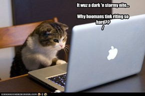 It wuz a dark 'n stormy nite...  Why hoomans tink riting so hard?? /