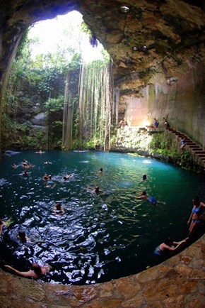 A Quick Dip in the Sagrado Cenote Azul, Chichen Itza, Mexico