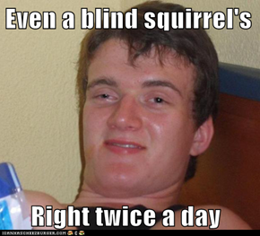 Even a blind squirrel's       Right twice a day