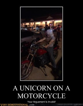 A UNICORN ON A MOTORCYCLE