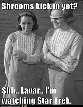 Shrooms kick in yet?  Shh.. Lavar.. I'm watching Star Trek.