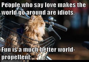 People who say love makes the world go around are idiots.  Fun is a much better world-propellent.