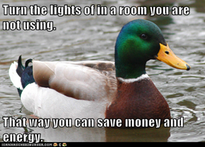 Turn the lights of in a room you are not using.  That way you can save money and energy.