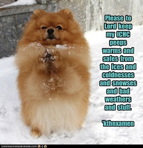 Please  to Lord  keep  my  ICHC  peeps  warms  and  safes  from  the  ices  and  coldnesses  and  snowses   and  bad  weathers  and  stuff.  'kthnxamen