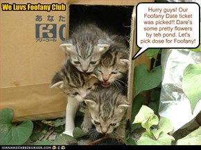 Teh We Luvs Foofany Club kittens could only affords one St. Patrick's Party Foofany Date ticket because of dare small moneys an' allowances, but they were still teh lucky winners!! An' all four members gets to go on teh Foofany Date!