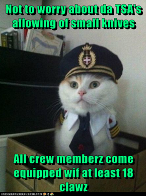 Not to worry about da TSA's allowing of small knives  All crew memberz come equipped wif at least 18 clawz