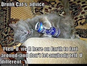 Drunk Cat's  advice  “I tell  U, we R here on Earth to fart around, and don't let anybody tell  U different.”