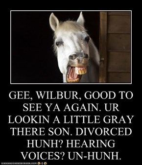 GEE, WILBUR, GOOD TO SEE YA AGAIN. UR LOOKIN A LITTLE GRAY THERE SON. DIVORCED HUNH? HEARING VOICES? UN-HUNH.