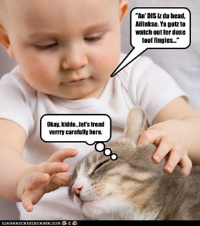 "An' DIS iz da head, Aifinkso. Ya gotz to watch out fer dose toof fingies..."