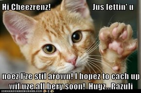 Hi Cheezrenz!                         Jus lettin' u  noez I'ze stil arown! I hopez to cach up wif uze all bery soon!  Hugz...Razuli