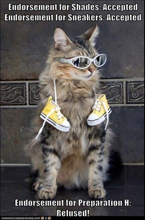 Endorsement for Shades: Accepted Endorsement for Sneakers: Accepted  Endorsement for Preparation H: Refused!