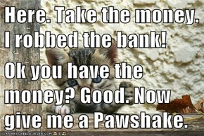 Here. Take the money. I robbed the bank!  Ok you have the money? Good. Now give me a Pawshake.