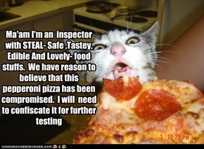 Ma'am I'm an  inspector with STEAL- Safe ,Tastey, Edible And Lovely- food stuffs.  We have reason to believe that this pepperoni pizza has been compromised.  I will  need to confiscate it for further testing