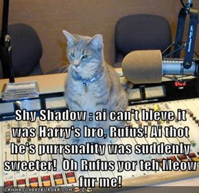 Shy Shadow : ai can't bleve it was Harry's bro, Rufus! Ai thot he's purrsnality was suddenly sweeter!  Oh Rufus yor teh Meow fur me!