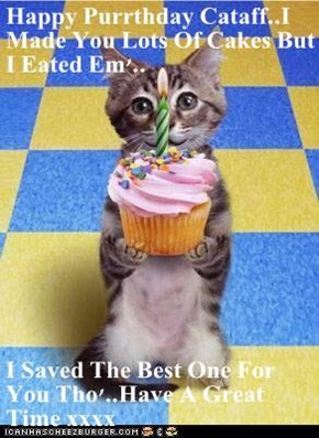Happy Purrthday Cataff..I Made You Lots Of Cakes But I Eated Em'..  I Saved The Best One For You Tho'..Have A Great Time xxxx