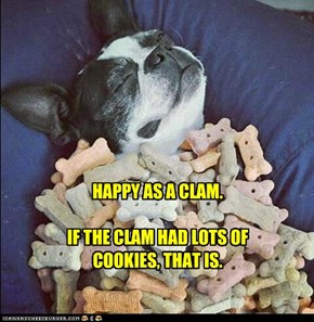 HAPPY AS A CLAM.  IF THE CLAM HAD LOTS OF COOKIES, THAT IS.