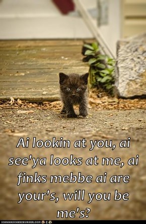 Ai lookin at you, ai see'ya looks at me, ai finks mebbe ai are your's, will you be me's?