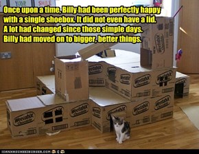 Once upon a time, Billy had been perfectly happy with a single shoebox. It did not even have a lid.  A lot had changed since those simple days.  Billy had moved on to bigger, better things.