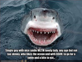 Single guy with nice smile WLTM lovely lady, any age but not too skinny, who likes the ocean and with GSOH, to go for a swim and a bite to eat...
