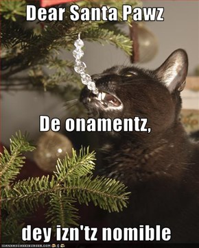 Dear Santa Pawz De onamentz,  dey izn'tz nomible