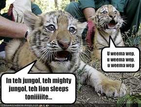 In teh jungol, teh mighty jungol, teh lion sleeps toniiiiite...
