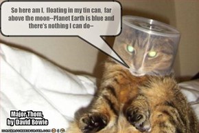 So here am I,  floating in my tin can,  far above the moon--Planet Earth is blue and there's nothing I can do--