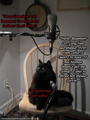 "An ur lissenin to Teh Basement Cat Sho. Letz taek our furst callur."*Hello, Basement Cat. Long tiem wurshippur, first tiem callur. I wantz to noes: If mai hooman doesn't get me catnip, iz okai to shred teh showur curtin?*"Absoulutelee. Next callur..."