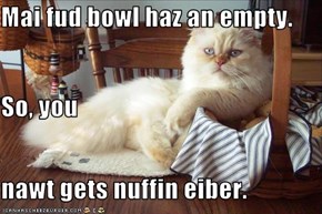 Mai fud bowl haz an empty. So, you nawt gets nuffin eiber.
