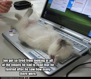 Joe got so tired from looking at all of the emails he had to read that he fainted after he saw how many there were.