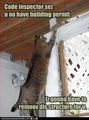 Code inspector sez  u no have building permit.                                                Iz gonna have to               remoov dis structure for u.