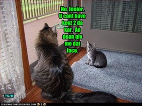 No, Junior.  U cant have keyz 2 da kar.  An doan giv me dat face.