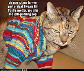 ok, nao is time furr yer part of deal. I wears Bill Cosby swetter, you gibs me jello pudding pop!
