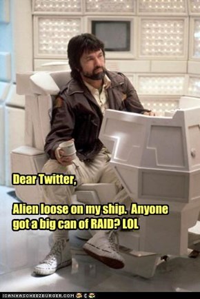 Dear Twitter,  Alien loose on my ship.  Anyone got a big can of RAID? LOL