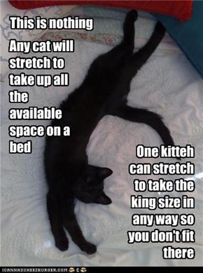The king size rule: a kitteh will always stretch to take up all available bed size so that there is no space for humans