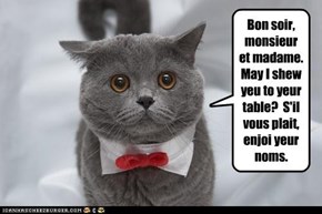 Bon soir, monsieur et madame.  May I shew yeu to yeur table?  S'il vous plait, enjoi yeur noms.