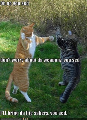 Oh no you sed don't worry about da weaponz, you sed. I'LL bring da lite sabers, you sed.