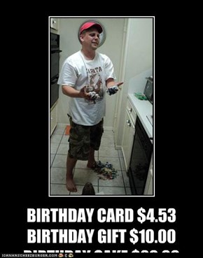 BIRTHDAY CARD $4.53 BIRTHDAY GIFT $10.00 BIRTHDAY CAKE $20.00 RUINA 5 YEAR OLD'S BIRTHDAY....PRICELESS BIRTHDAY CAKE $20.00